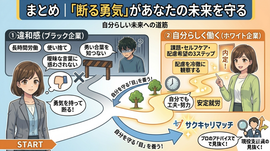 断る勇気を持つことで、プロの目を通して自分らしい未来へと繋がる流れを描いたロジカルなアニメ風図解。