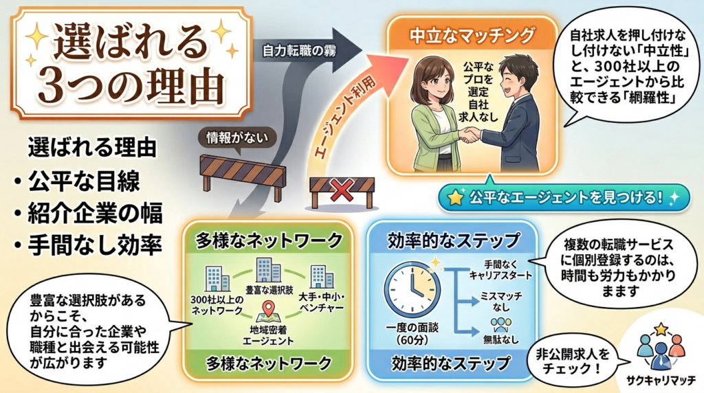 サクキャリマッチが選ばれる3つの理由（公平性、選択肢、効率性）を描いたアニメ風図解アイキャッチ。