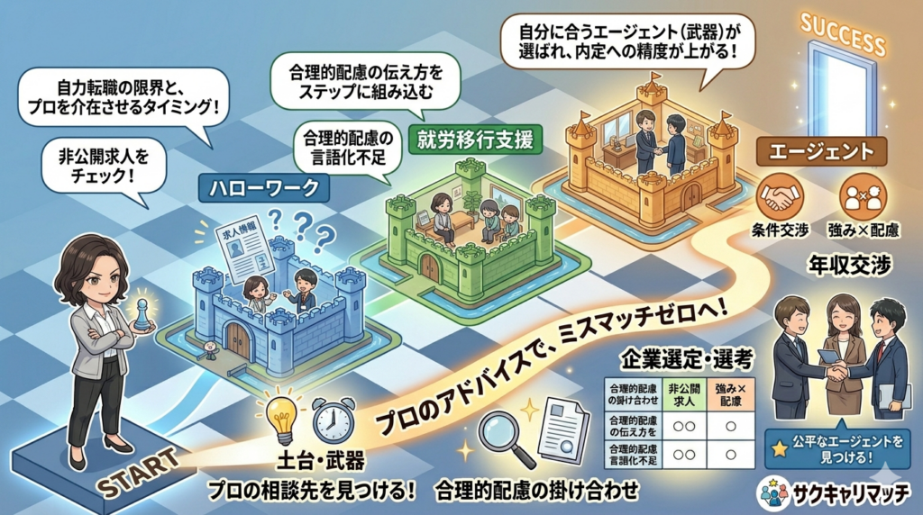 ハローワーク、支援移行、エージェントの強み（非公開求人・配慮・交渉）を掛け合わせる、ロジカルなアニメ風図解アイキャッチ。