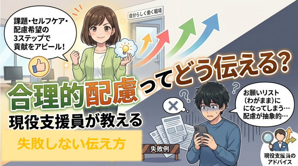 合理的配慮を伝える失敗例（お願いリスト・わがまま）と成功例（課題・セルフケア・配慮希望の3ステップ）を描いたアニメ風図解アイキャッチ。