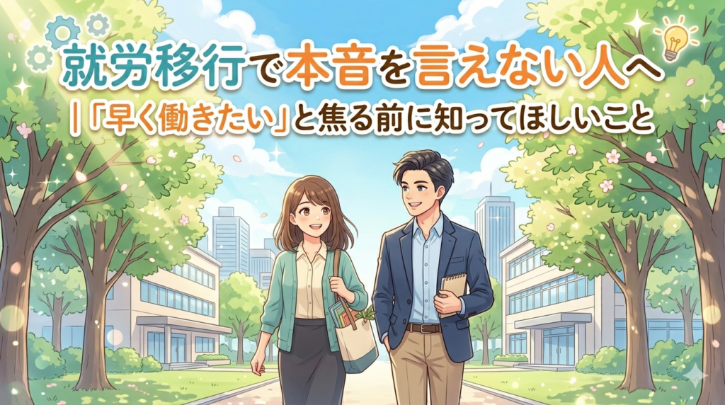 就労移行で本音を言えない人へ｜「早く働きたい」と焦る前に知ってほしいことのアイキャッチ画像。男女が相談しているイメージ