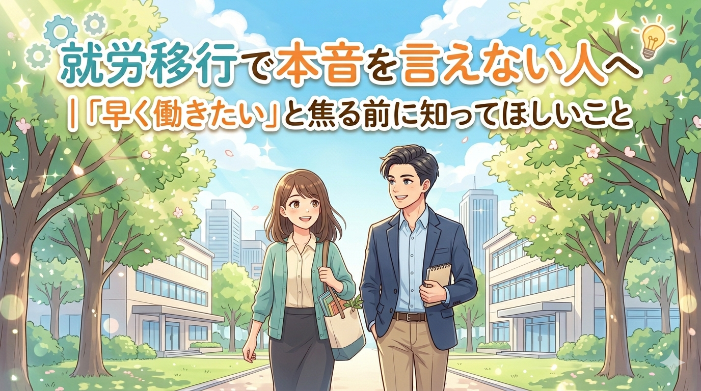 就労移行で本音を言えない人へ｜「早く働きたい」と焦る前に知ってほしいことのアイキャッチ画像。男女が相談しているイメージ