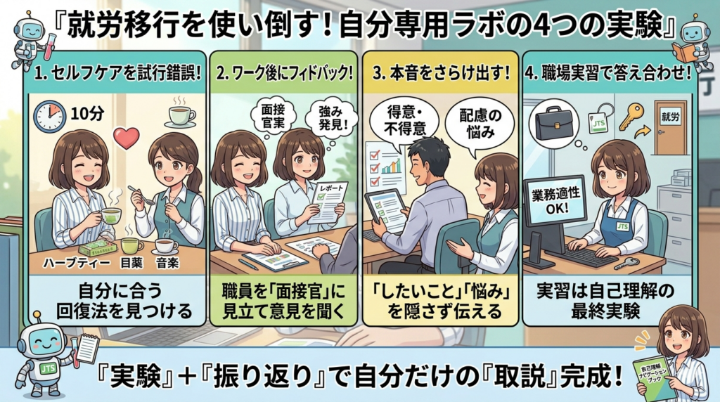 就労移行支援を「自分専用ラボ」として活用する4つのステップ（セルフケア、フィードバック、本音の相談、職場実習）を解説したアニメ風図解。