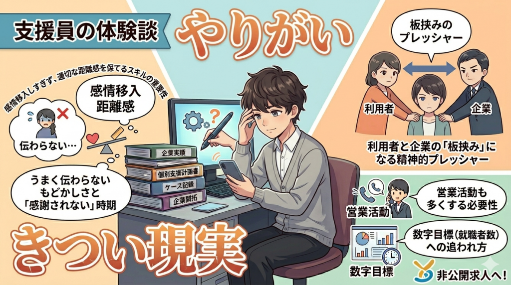 男性支援員の体験談を描いたインフォグラフィック風図解。やりがいと直面する現実（書類・板挟み・数字目標・感情移入・距離感・営業）を可視化。