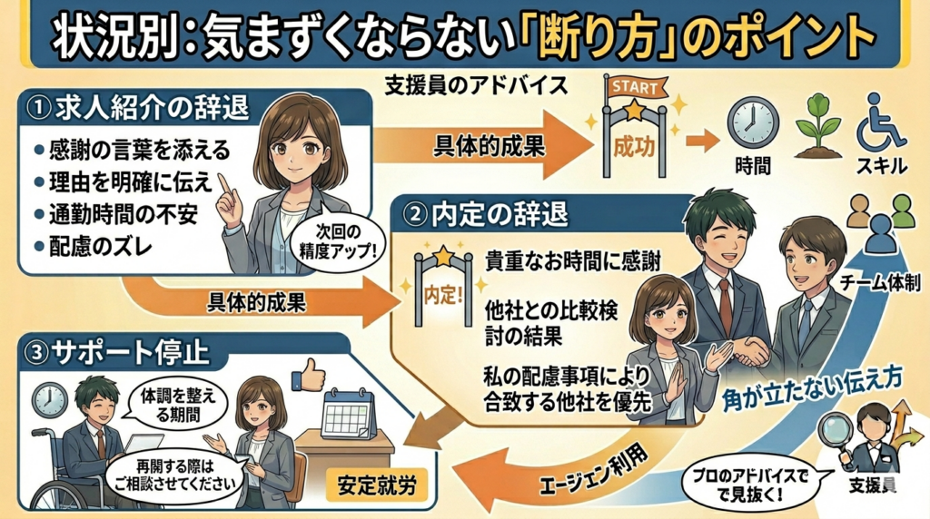 状況別（求人紹介、内定辞退、サポート停止）の円満な断り方を描いた、ロジカルなアニメ風図解