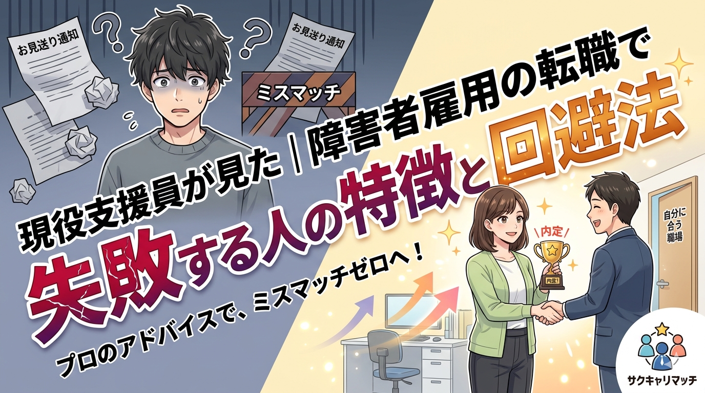 障害者雇用の転職におけるミスマッチと成功の道を描いたアニメ風図解アイキャッチ。