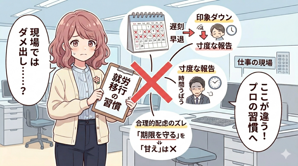 就労移行支援事業所での「甘え」の習慣が、一般就労の現場では通用せず失敗につながる理由を解説する、アニメ風のアイキャッチ画像。