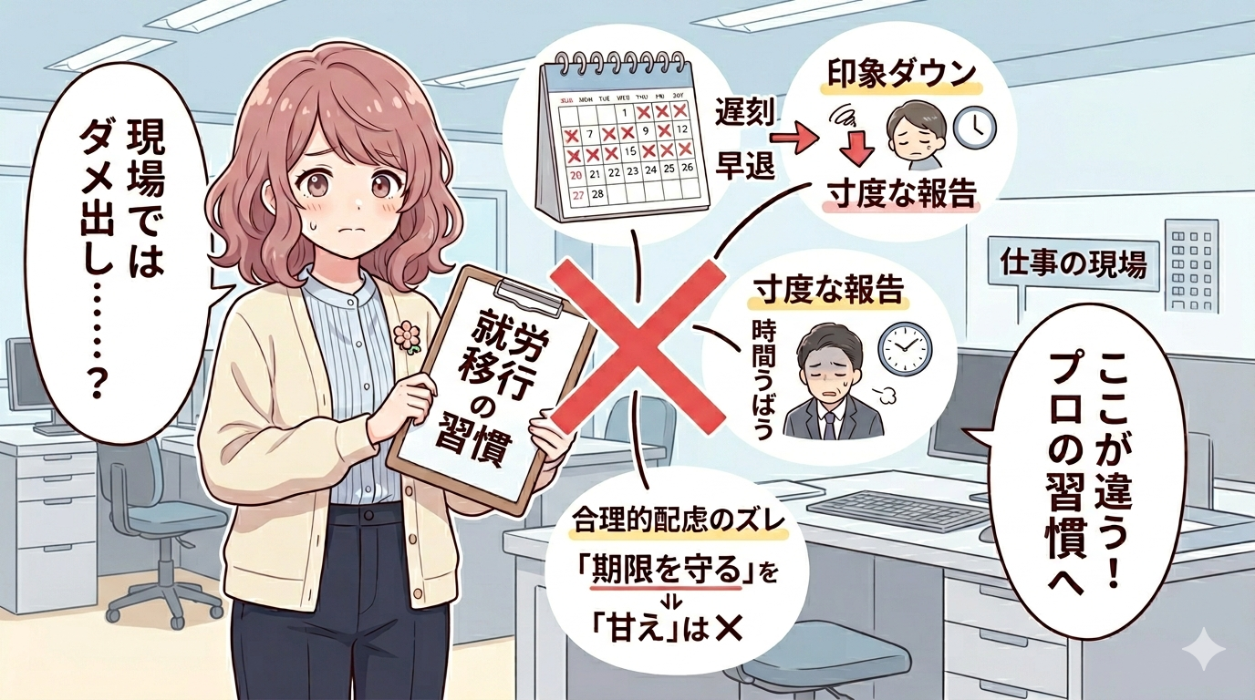 就労移行支援事業所での「甘え」の習慣が、一般就労の現場では通用せず失敗につながる理由を解説する、アニメ風のアイキャッチ画像。