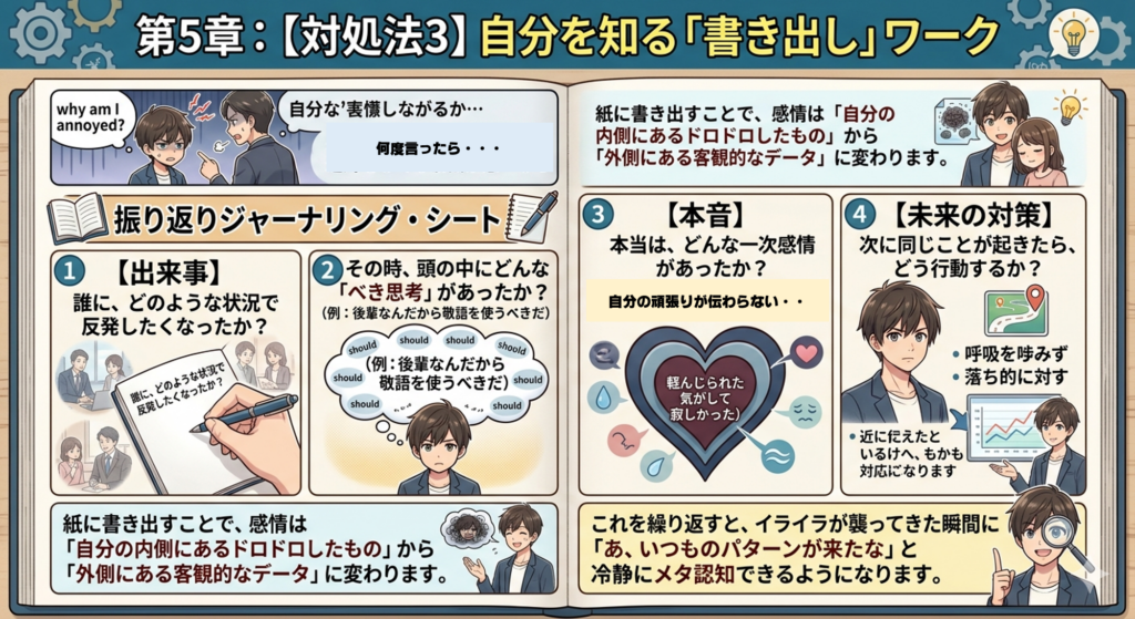 感情を客観視する「書き出しワーク」の図解イラスト。振り返りジャーナリング・シートの4ステップ（出来事・思考・本音・未来の対策）と、メタ認知によるイライラ対処法が描かれている。