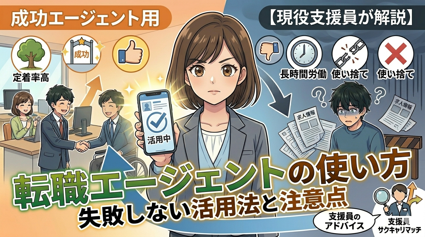 転職エージェントの使い方（成功例と失敗例）を描いた、ロジカルなアニメ風図解アイキャッチ。