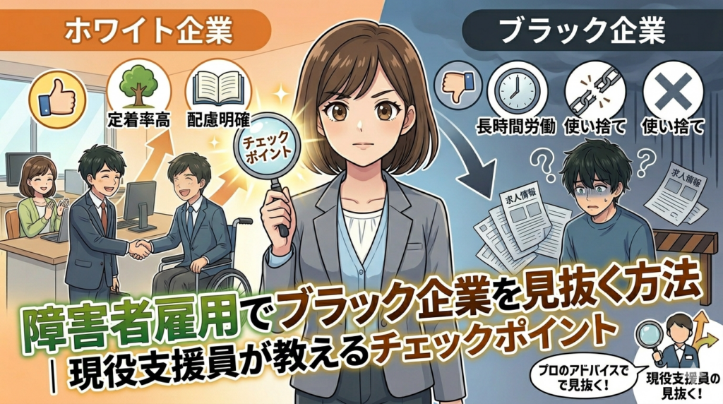ホワイト企業を見分けるチェックポイントを描いたロジカルなアニメ風図解。
