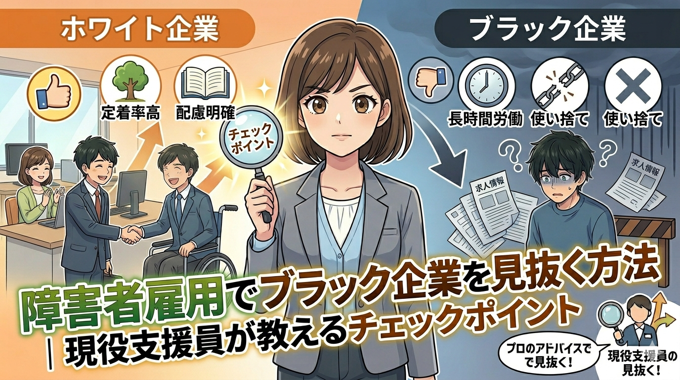 ホワイト企業を見分けるチェックポイントを描いたロジカルなアニメ風図解。