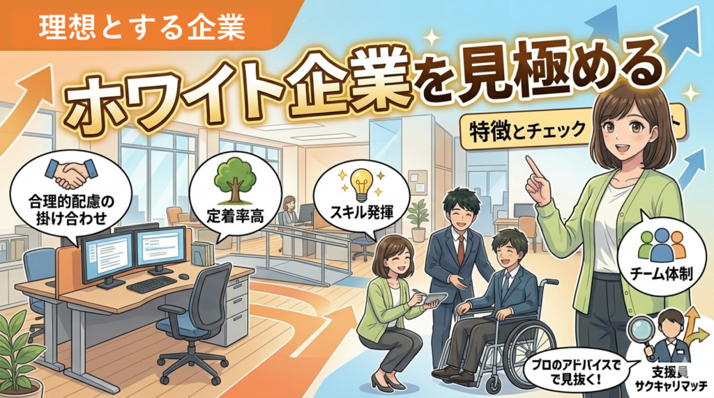 障害者雇用でホワイト企業（優良企業）を見分けるチェックポイントを描いた、ロジカルなアニメ風図解アイキャッチ。