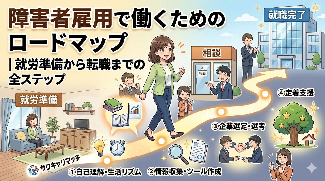 障害者雇用で働くためのロードマップ（土台・武器・実践・継続）を描いたアニメ風図解アイキャッチ。