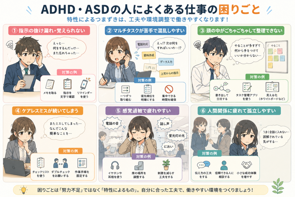 ADHD・ASDの人によくある仕事の困りごとと対策を図解でまとめたアニメ風イラスト