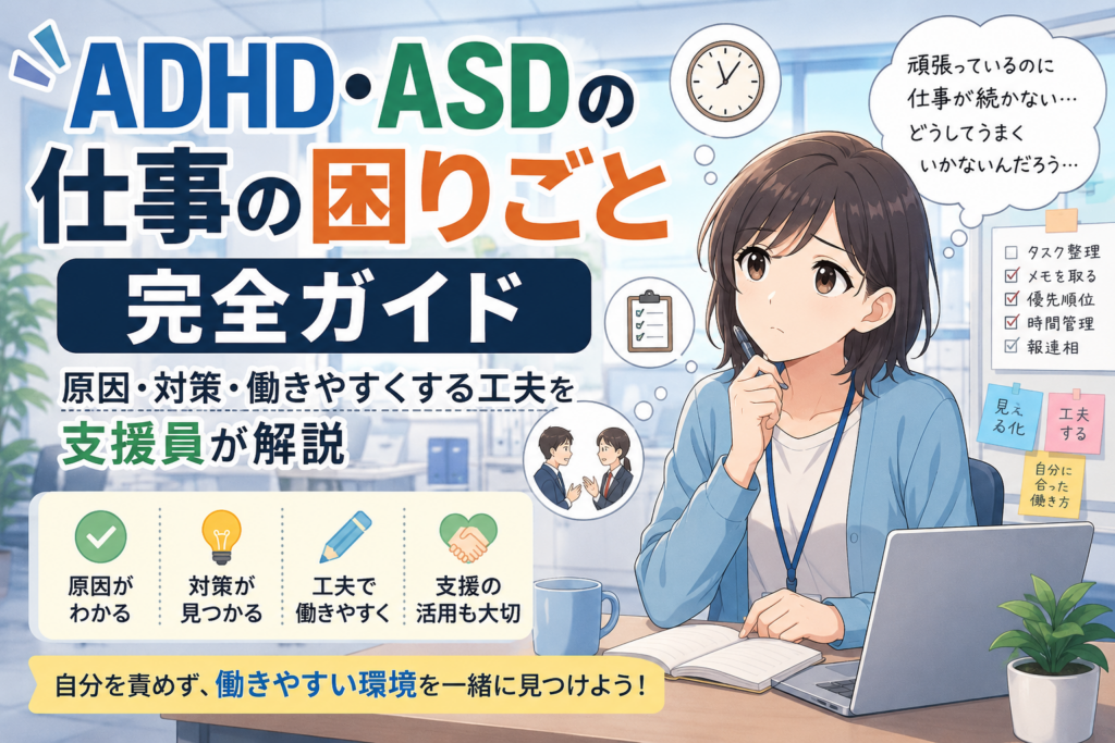 ADHD・ASDの仕事の困りごと完全ガイド｜原因・対策・働きやすくする工夫を支援員が解説するアニメ風アイキャッチ画像