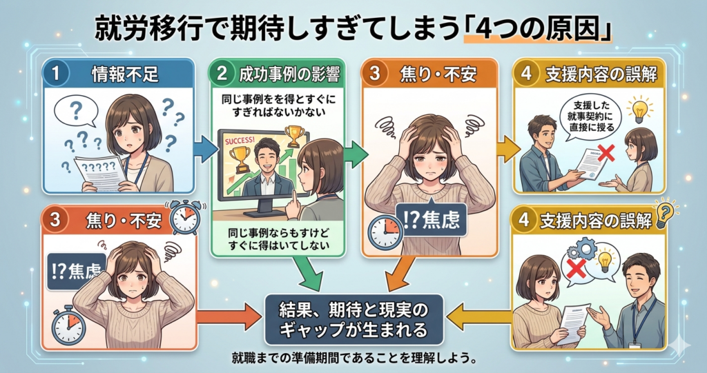 日本のアニメ風イラスト。就労移行支援で期待しすぎてしまう4つの原因（情報不足、成功事例の影響、焦り・不安、支援内容の誤解）を、女性支援員と悩む男性利用者の対話を通して視覚化した図解。