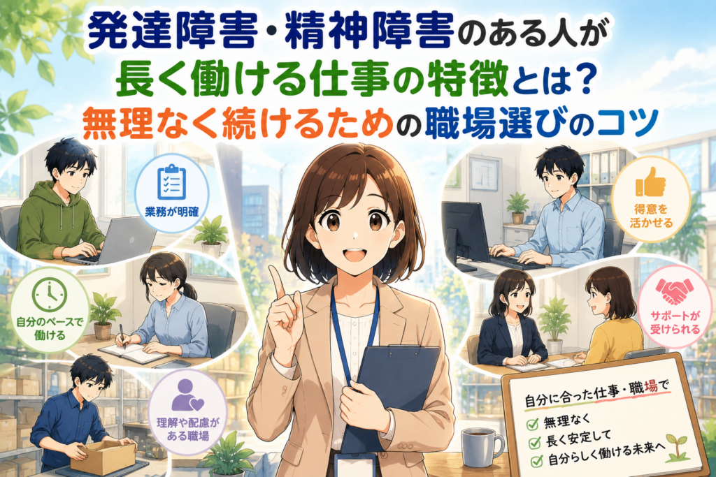 発達障害や精神障害のある人が長く働ける仕事や職場選びのポイントを紹介する日本のアニメ風アイキャッチ画像