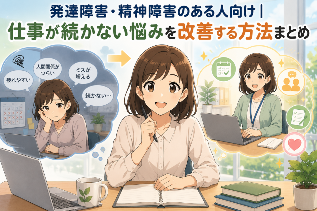 発達障害や精神障害のある人が仕事の悩みを改善し、働きやすさを見つける様子を描いたアニメ風アイキャッチ画像