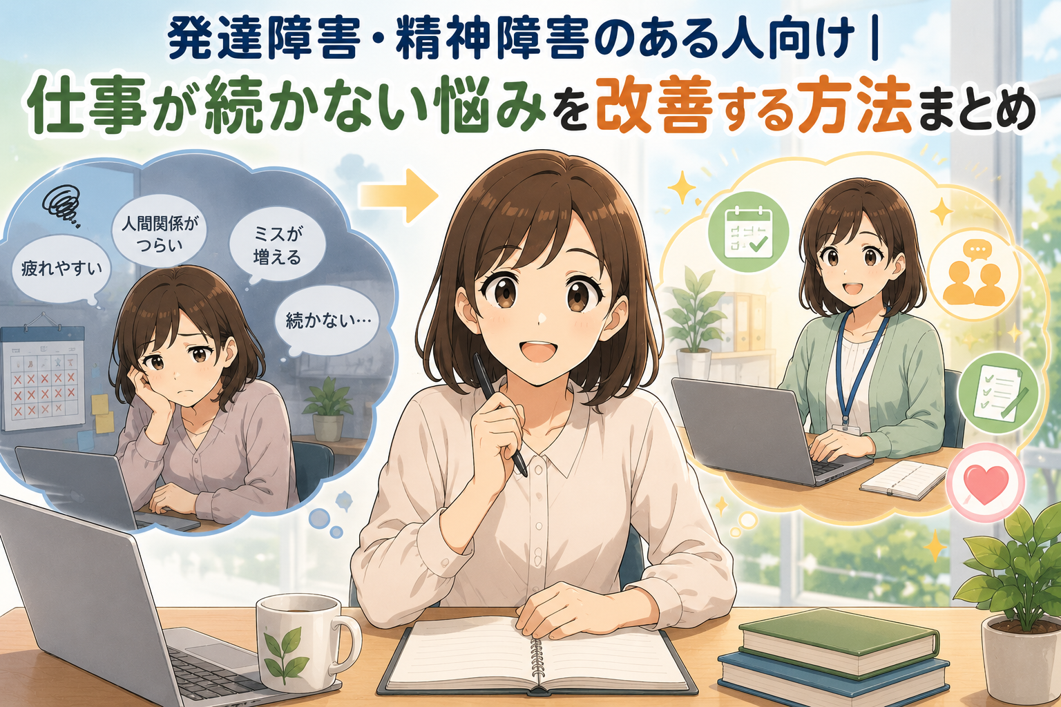 発達障害や精神障害のある人が仕事の悩みを改善し、働きやすさを見つける様子を描いたアニメ風アイキャッチ画像