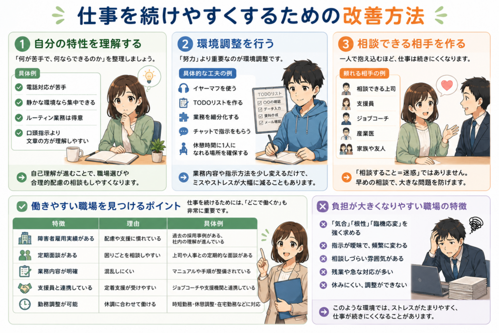 発達障害や精神障害のある人が自己理解や環境調整、相談支援を活用して働きやすくなる方法をまとめた図解
