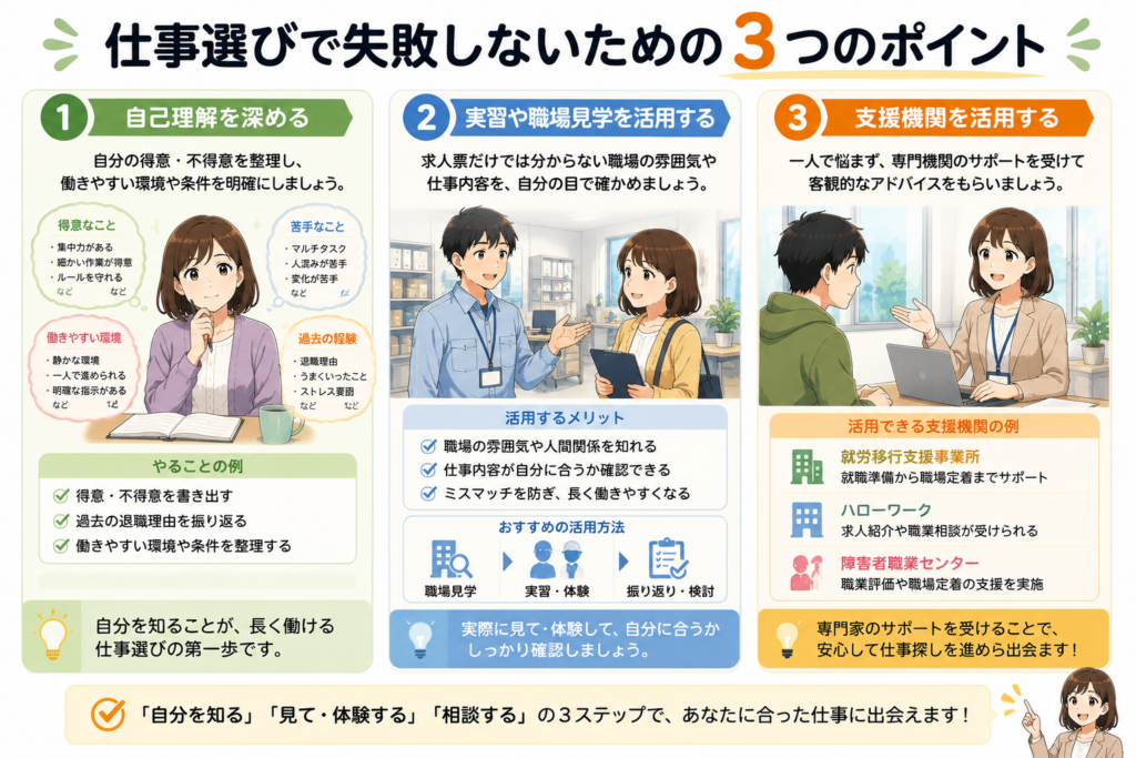 発達障害・精神障害のある人が長く働くための仕事選びのポイントを、自己理解・職場見学・支援機関活用の3つで解説した図解