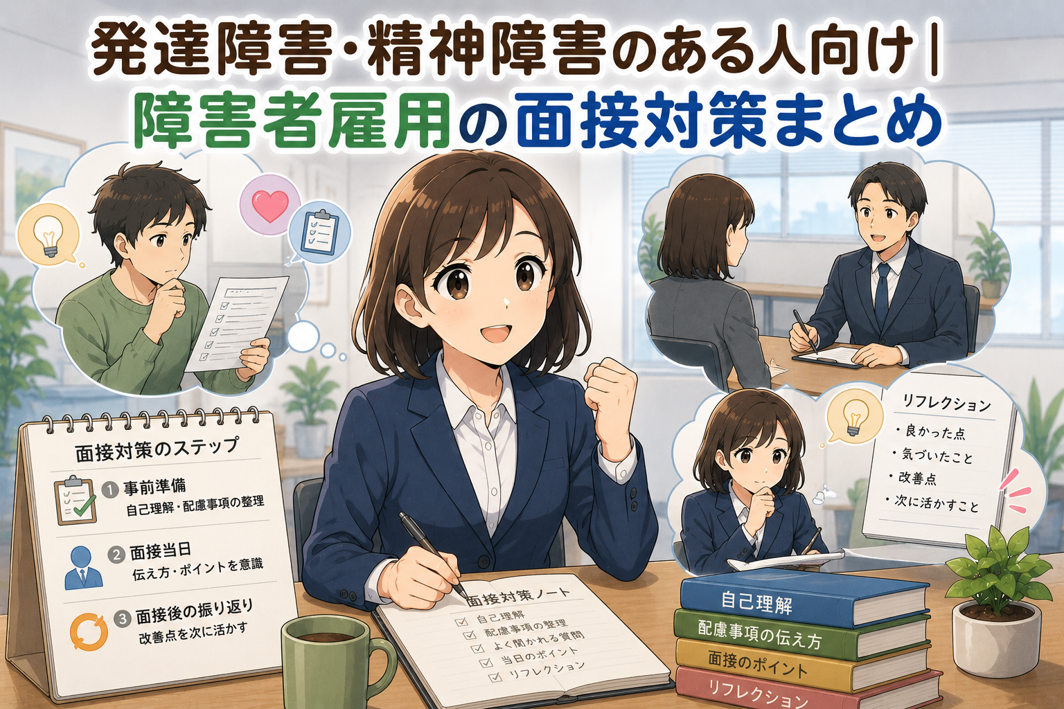 発達障害・精神障害のある人向けに、障害者雇用の面接対策や自己理解、配慮事項の伝え方を解説するアニメ風アイキャッチ画像