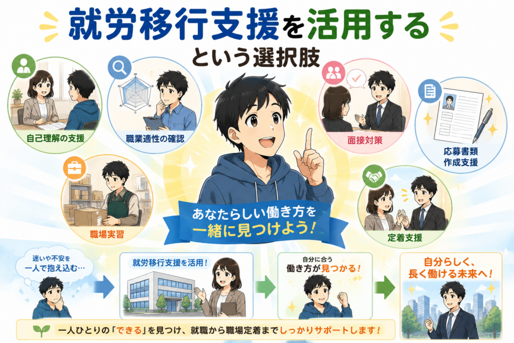 就労移行支援の活用メリットを紹介する図解。自己理解、職業適性の確認、職場実習、面接対策、応募書類作成支援、定着支援を通じて自分に合った働き方を見つける流れを説明している。