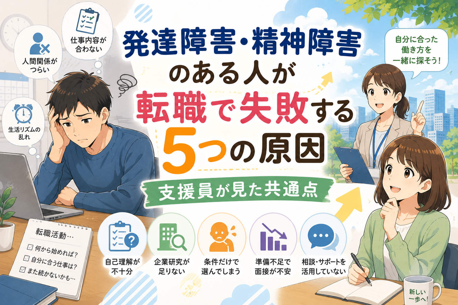 発達障害・精神障害のある人が転職で失敗しやすい5つの原因を解説するアニメ風アイキャッチ画像