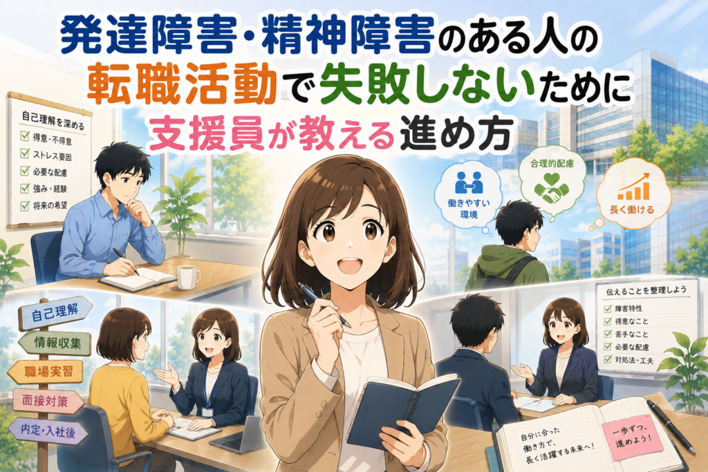 発達障害・精神障害のある人が転職活動で失敗しないための進め方を解説するアニメ風アイキャッチ画像