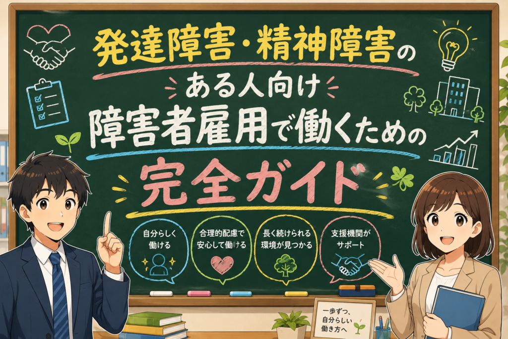 発達障害・精神障害のある人向けに、障害者雇用で働くためのポイントを黒板風デザインで解説したアニメ風アイキャッチ画像