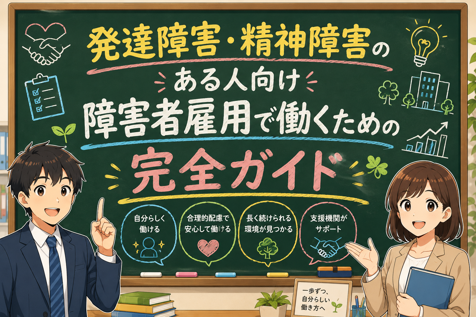 発達障害・精神障害のある人向けに、障害者雇用で働くためのポイントを黒板風デザインで解説したアニメ風アイキャッチ画像