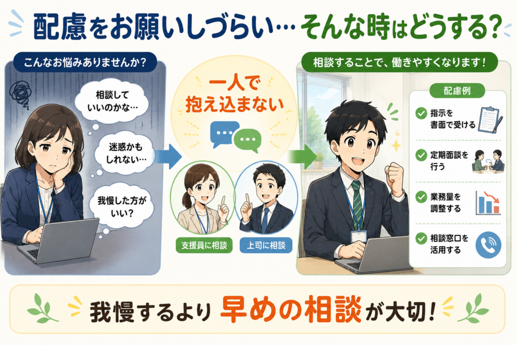 害者雇用で配慮をお願いしづらい悩みと、相談・伝達の流れを説明する図解