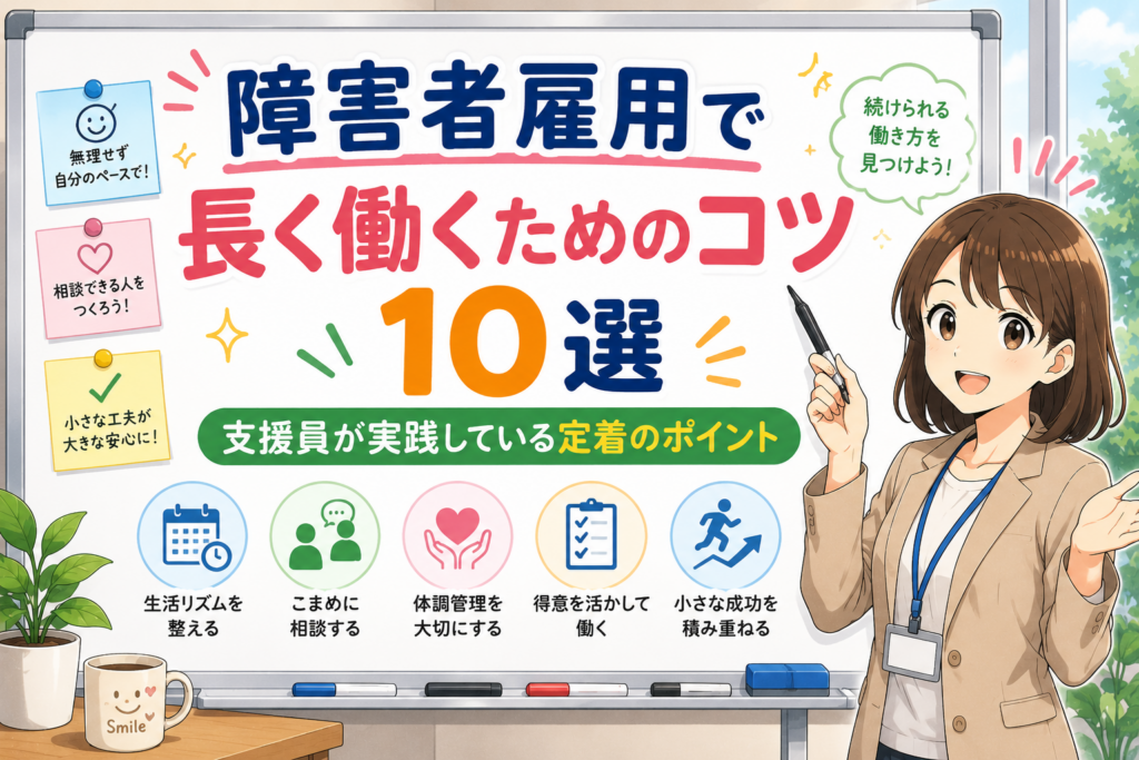障害者雇用で長く働くためのコツ10選｜支援員が実践している定着のポイントのアイキャッチ画像