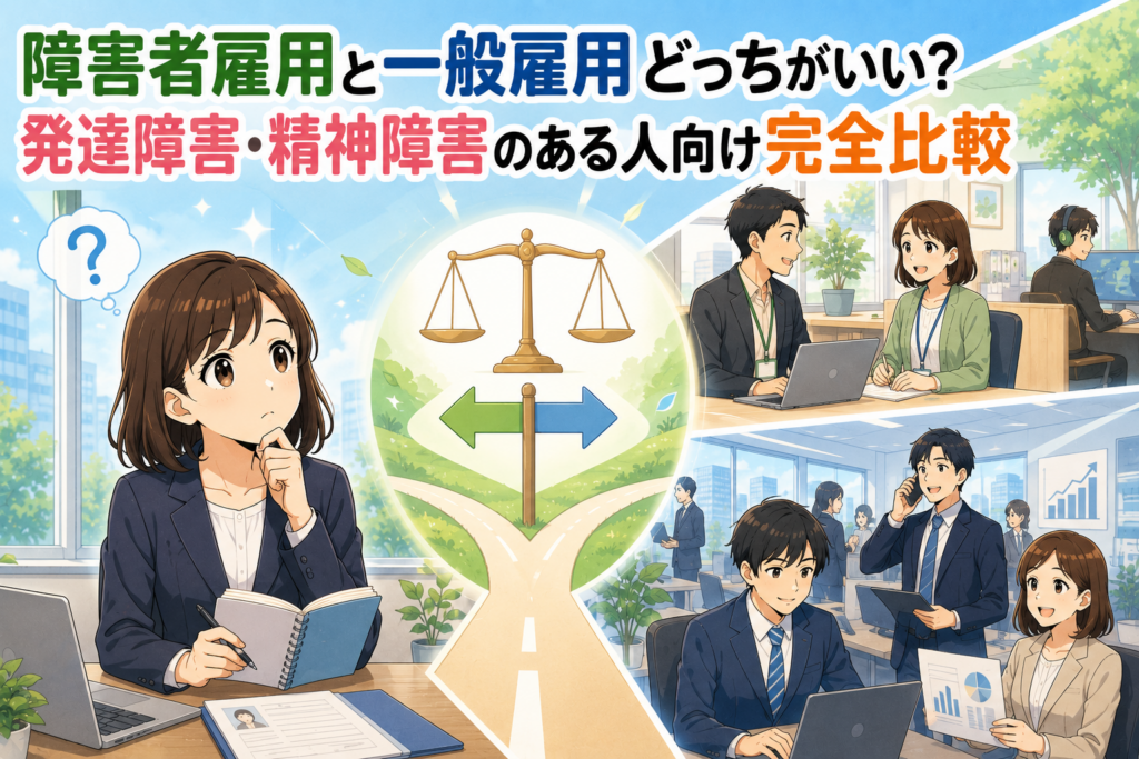 障害者雇用と一般雇用の違いを比較し、自分に合った働き方を考える発達障害・精神障害のある人向けのイメージ画像