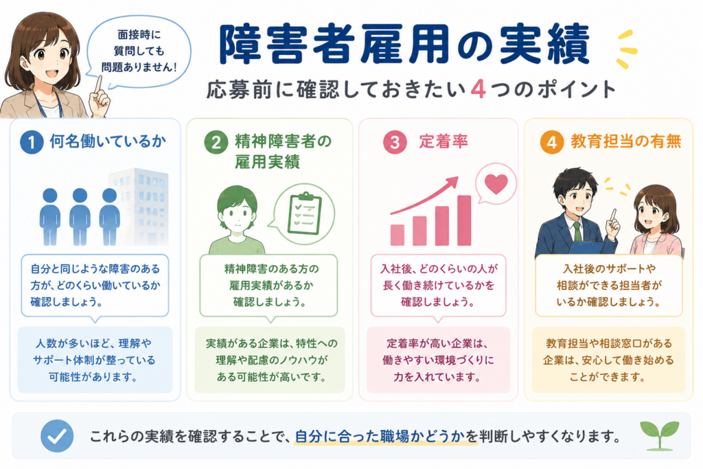 障害者雇用の実績を確認するポイントを、定着率・雇用実績・教育担当・支援体制の4項目で図解したイラストです。