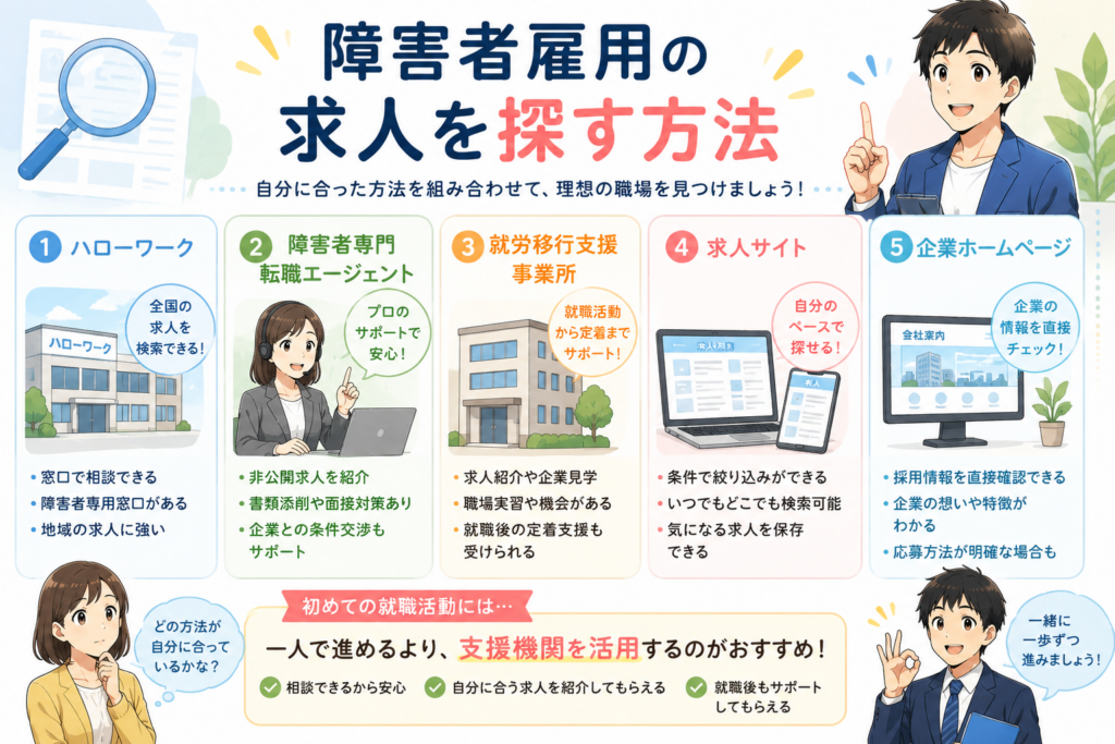 障害者雇用の求人を探す方法を図解で紹介。ハローワーク、障害者専門転職エージェント、就労移行支援事業所、求人サイト、企業ホームページの特徴をわかりやすくまとめたイラスト