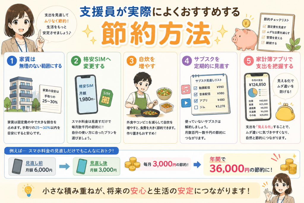 障害者雇用で一人暮らしを続けるための節約方法を、支援員おすすめの5つのポイントで解説した図解