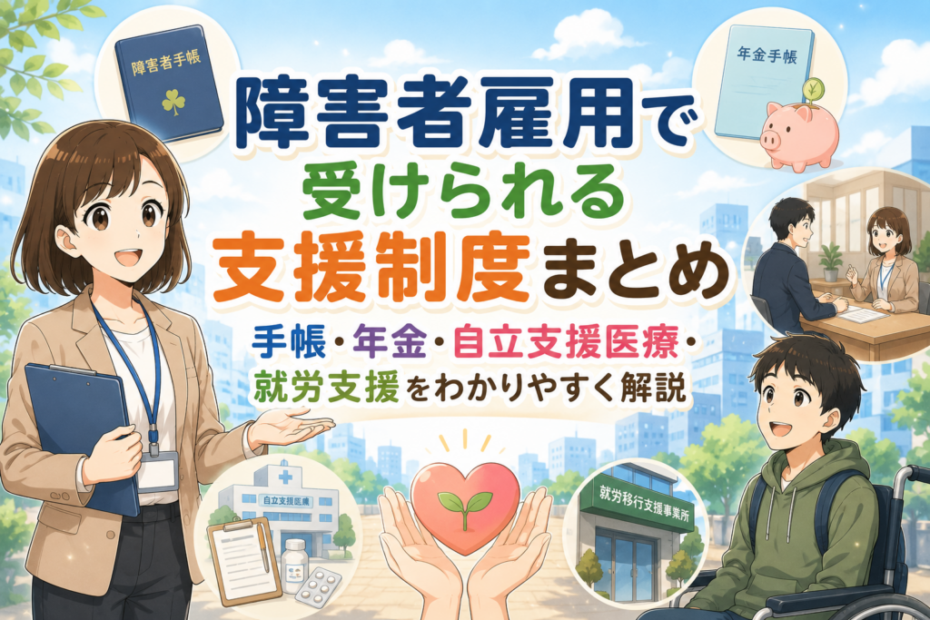 障害者雇用で利用できる支援制度（障害者手帳・障害年金・自立支援医療・就労支援）をわかりやすく紹介するイラスト