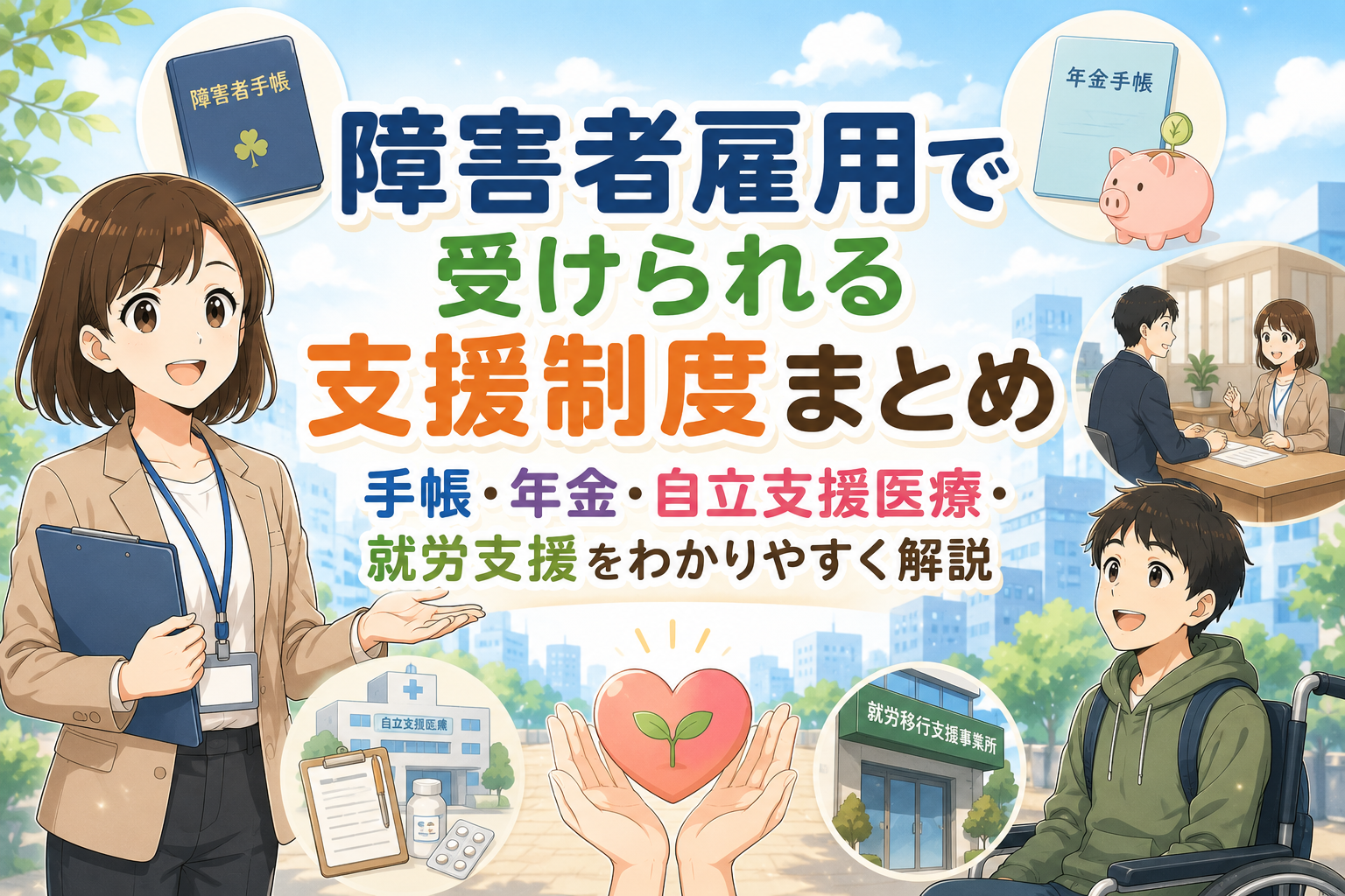 障害者雇用で利用できる支援制度（障害者手帳・障害年金・自立支援医療・就労支援）をわかりやすく紹介するイラスト