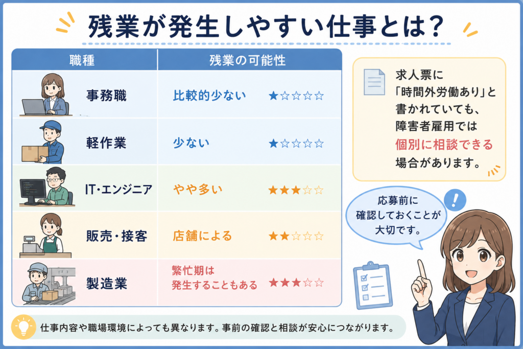 障害者雇用で残業が発生しやすい仕事を職種別に比較した図解。事務職・軽作業・ITエンジニア・販売接客・製造業の残業の可能性と、応募前に確認すべきポイントをまとめています。