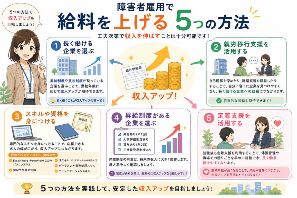 障害者雇用で給料を上げる5つの方法の図解