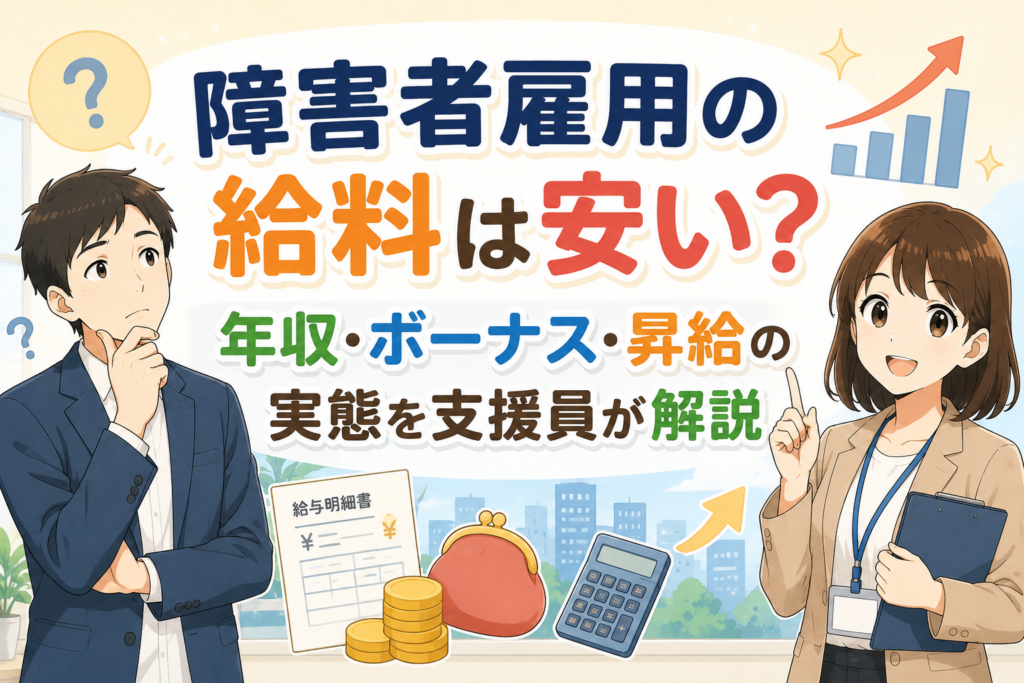 障害者雇用の給料や年収、ボーナス、昇給について解説するアイキャッチ画像