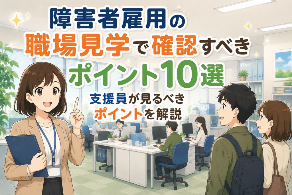 障害者雇用の職場見学で確認すべき10のポイントを支援員が解説するイラスト