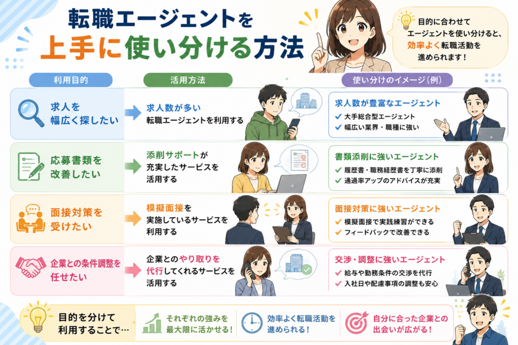 障害者雇用で転職エージェントを上手に使い分ける方法をまとめた図解。求人探し、応募書類の添削、面接対策、企業との条件調整など、目的別の活用方法を分かりやすく紹介しています。
